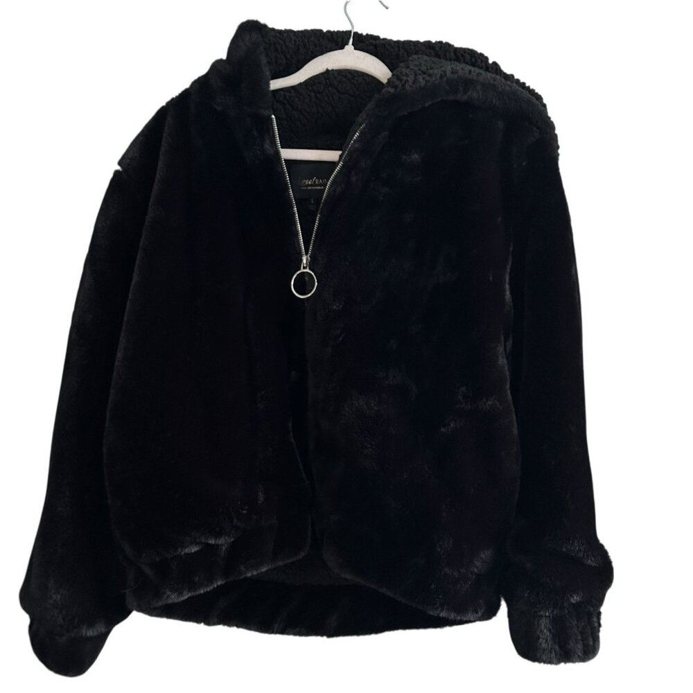 Sweet Rain Faux Fur Jacket L Black Hood Goth grunge formal Y2K Money Mobwife